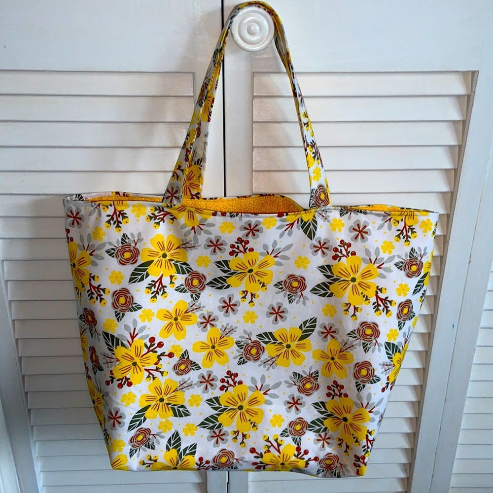 Hand Crafted All Purpose Reusable 100% Cotton Pretty Yellow Floral Tote Bag - Picture 2 of 4